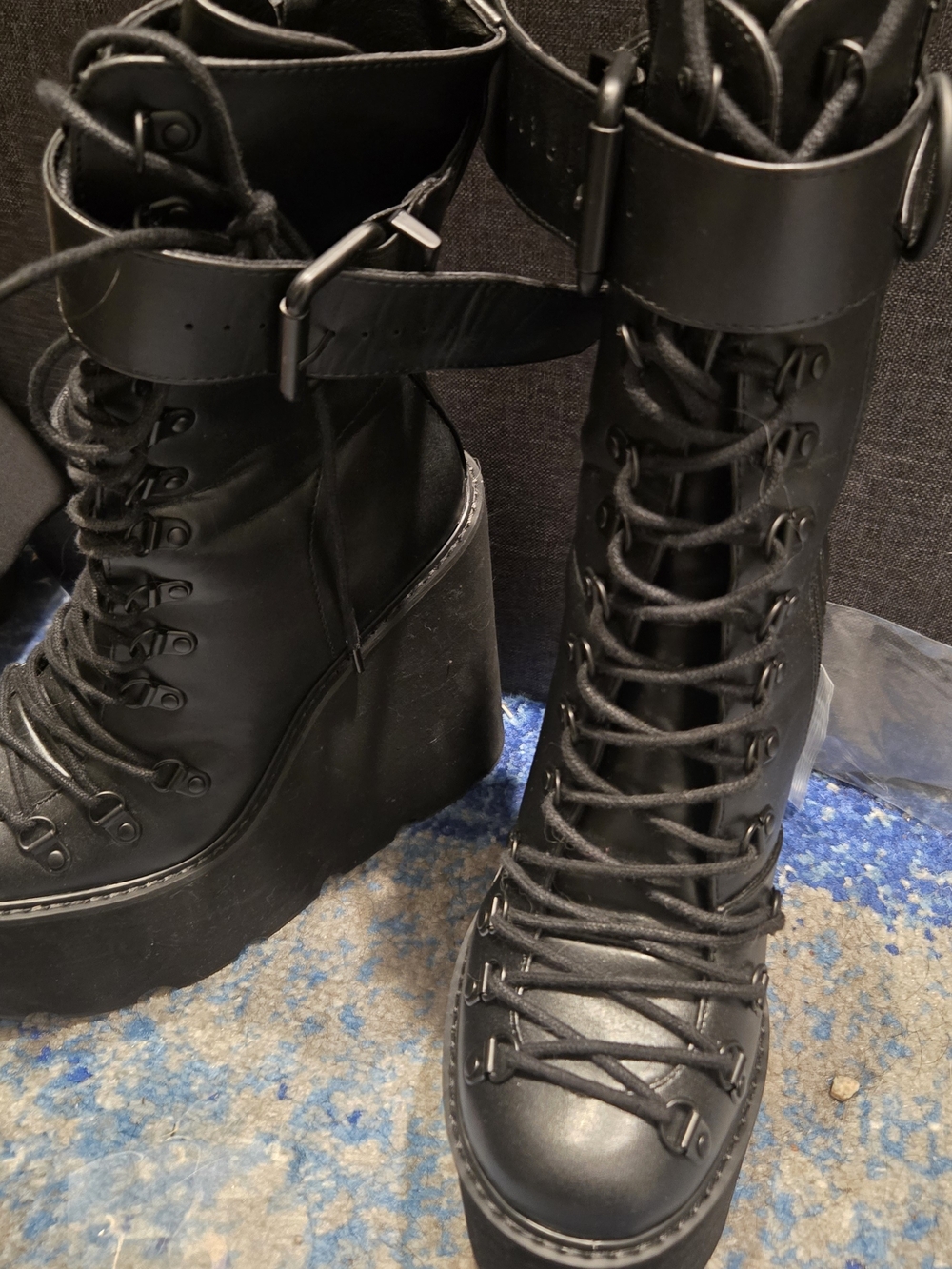 Dolls Kill Black Lace-Up Traitor Platform Ankle Boots with Buckle Strap Size 9